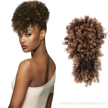 Brown Afro Puff Hair Pieces For Women Short Kinky Curly Chignon With Bangs Drawstring Ponytail Synthetic Hair Bun Extensions